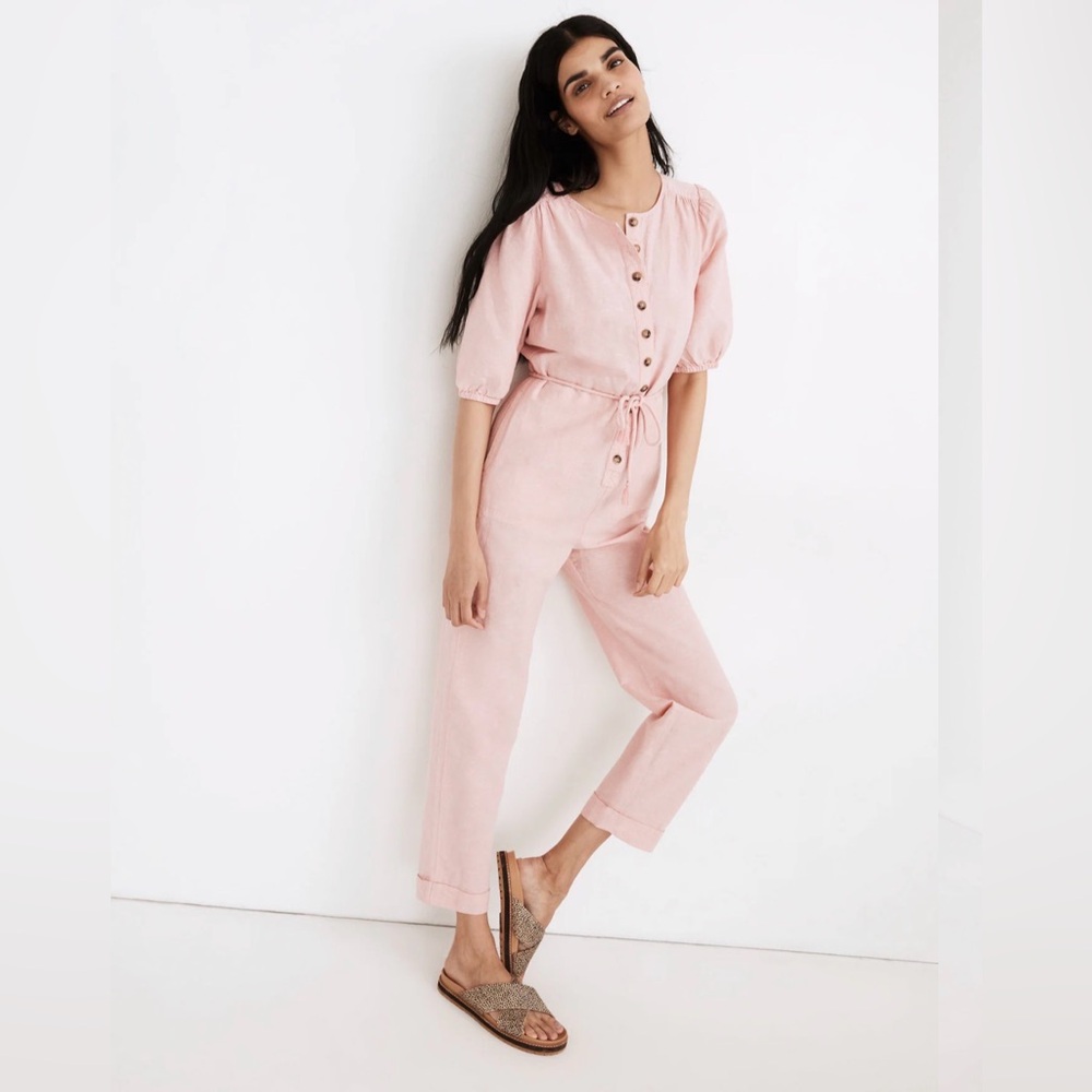 Madewell Linen-Blend Puff-Sleeve Tassel-Tie Jumpsuit Coral Sunrise Pink Medium
